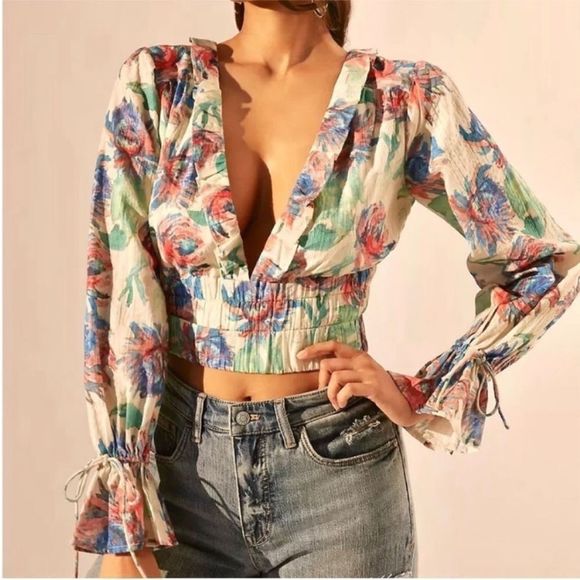 Anthropologie Tops - Anthropologie Floral Gathered Crop Blouse